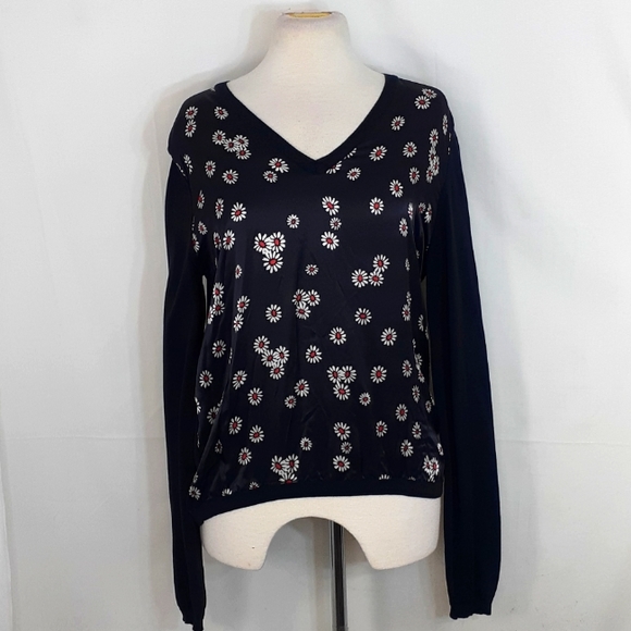Krizia maglia long-sleeve navy blue white and red Daisy blouse size 12 - Picture 1 of 8